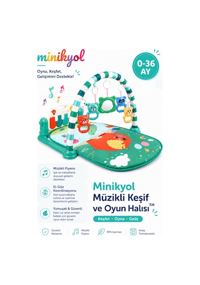 Minikyol Müzikli Keşif Halısı Piyanolu Aynalı Çıngıraklı Bebek Oyun Halısı Ve Müzikli Aktivite Merkezi 0-36 Ay Yeşil