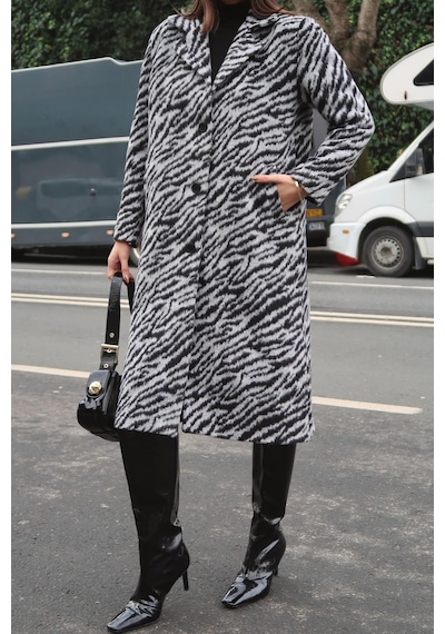 Zebra Desenli Kaşe Kaban 7124 Gri