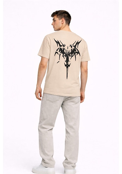 Nevermind Oversize Erkek Tişört Arkası Baskılı Streetwear Siyah Grafik Back Bej