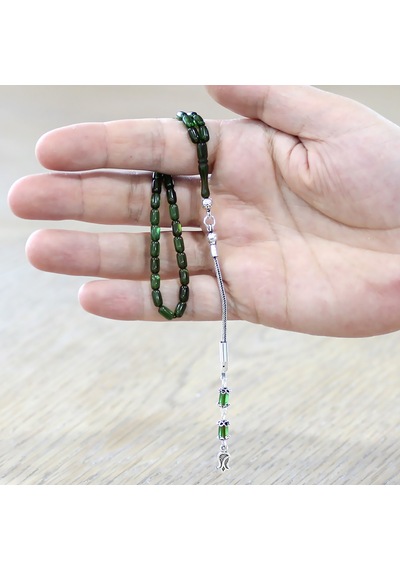 Tesbihname Ateş Kehribar Tesbih - 925 Ayar Gümüş Püsküllü - Mini Boy - Yeşil Renk - Kapsül Kesim