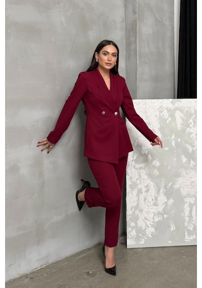 Msm Fashion Kadın İkili Blazer Ceket Pantolon Takım Pile Ve Düğme Detaylı Boru Paça Bordo Msm Fashion Kadın İkili Blazer Ceket Pantolon Takım Pile Ve Düğme Detaylı Boru Paça Bordo