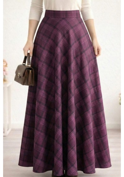 Hb Harma Time Butik Kadın Ekose Kumaş Desenli Bordo Etek