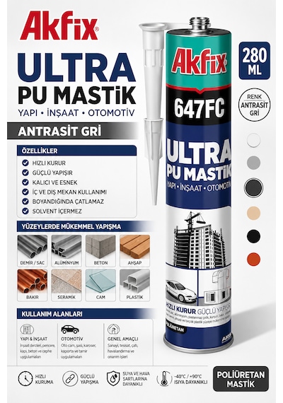 Antrasit Gri Ultra Pu Mastik Yapı-inşaat-otomobil Hızlı Kuruma Demir Sac Alüminyumda Beton Ahşap Bakır Seramikte 280 Ml