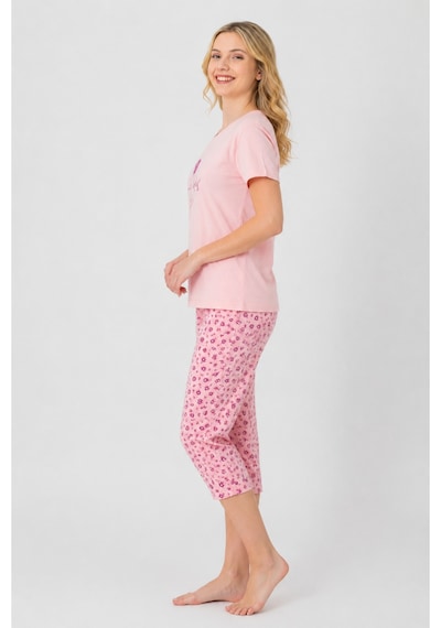 Pijamask Kadın Pembe Gül Baskılı Kısa Kollu Çiçek Desenli Kapri Pijama Takımı P100-839 Pembe