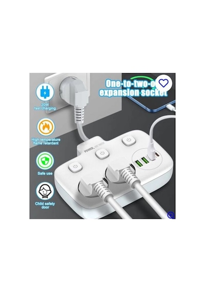 Akım Korumalı 2 Li Ayrı Anahtarlı Priz, 2x Priz, 3x Usb, 1x Type-c, 2 Mt Kablo, Hızlı Şarj 0-2