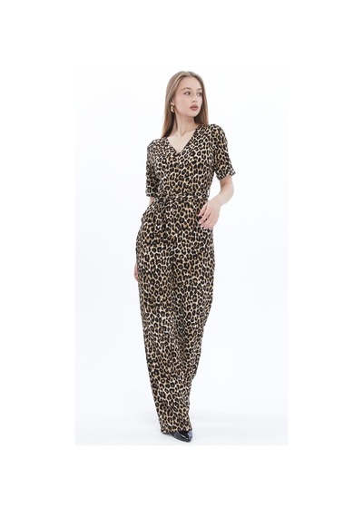 Kadın Krep Beli Kemerli Ve Fermuarlı Tulum-leopar Leopar
