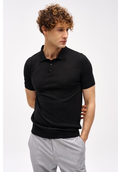 İgs Siyah Slim Fit Dar Kalıp Polo Yaka Düz Kısa Kollu Triko Tişört-16327
