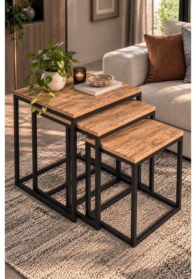 Sulorahome 3'lü Kare Zigon Sehpa Seti Kahverengi Atlantik Çam Desenli
