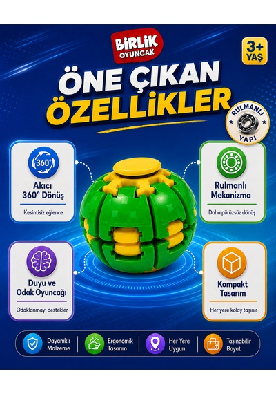 Stres Topu Press & Spin Basınca Dönen Fidget Spinner Oyuncak 3+ Yaş Yeşil