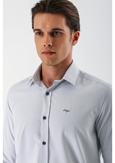 İmza Gri Uzun Kollu Desenli Armürlü Sert Yaka Cepsiz Pamuklu Slim Fit Dar Kesim Gömlek 1004235171-gri Gri