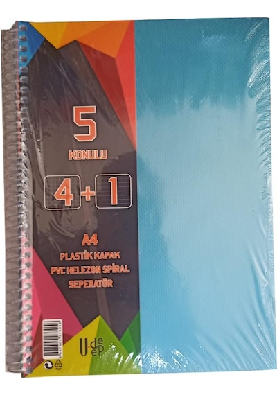 4+1 Ayraçlı Defter 5 Konulu 125 Yaprak 1 Adet 4 Kareli 1 Çizgili Spralli Plastik Kapak Seperatörlü Mavi