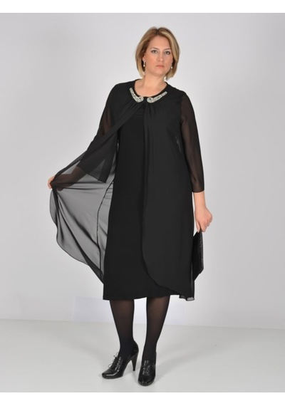 Nidya Moda Büyük Beden Üstü Şifon Elbise-4037S Siyah