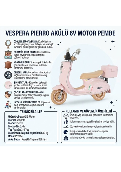 Vespera Pierro Uzaktan Kumandalı 6v Pembe Led Işıklı Arka Sepetli Çocuk Akülü Motor/scooter 3-6 Yaş