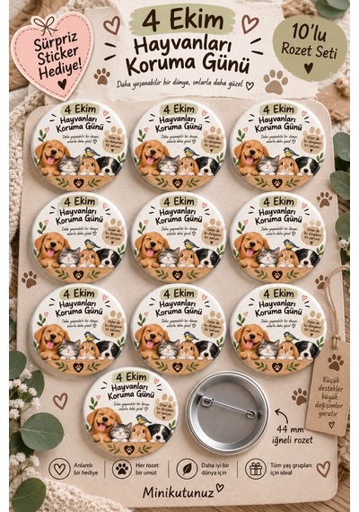 Minikutunuz 4 Ekim Hayvanları Koruma Günü 10 Lu İğneli Rozet Seti Sürpriz Sticker Hediyeli Diğer