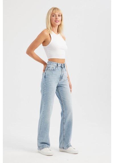 Hiccup Yüksek Bel Straight Kot Pantolon Açık Mavi Denim