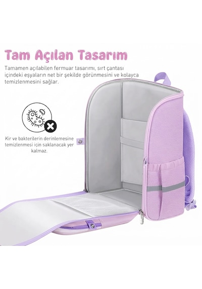 Unicorn 3D Desenli Kız Çocuk Kreş ve Anaokulu Okul Çantası Mor Açık Pembe
