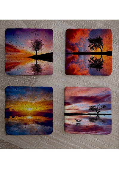 Gün Batımı Tek Ağaçlar Doğal Taş Bardak Altlığı 4'lü Set - Natural Stone Coasters - Taş Çok Renkli
