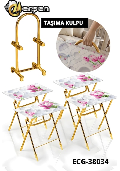 Eranş Serisi 4'lü Katlanır Cam Daire Ve Çiçek Desen Çanta Zigon Sehpa Gold Ayak Daire Ve Çiçek Desen Gold