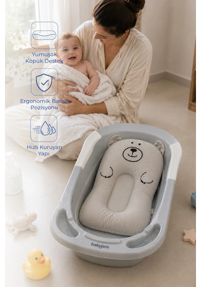 Babyjem Sevimli Kedi Köpüklü Bebek Banyo Küvet Yatağı Gri (Straforlu - Suda Batmaz)
