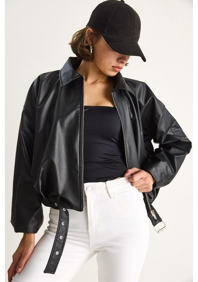 Shade Kadın Oversize Tokalı Deri Ceket 3137 60284058 - Siyah