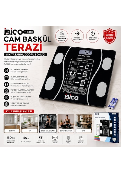 İbico İ11-023 Dijital Banyo Baskül Terazi Tartı 180kg/50g Kas Oran Bluetooth Vücut Analizli Su Cam Diğer