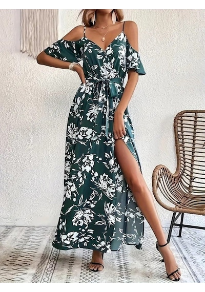 Efnaz Style Kadın Ip Askılı Kısa Kollu Kruvaze Yakalı Yırtmaçlı Desenli Süprem Elbise Yeşil