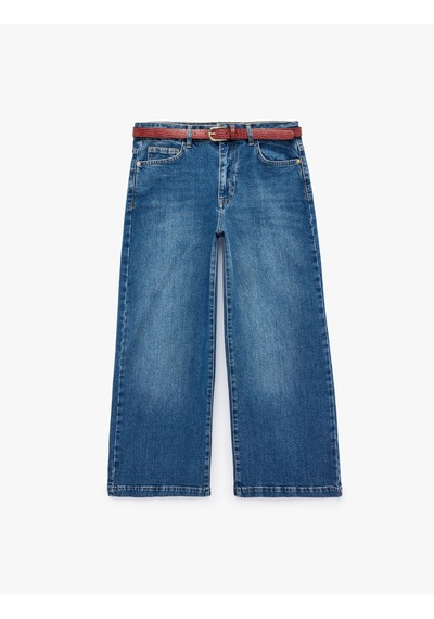 Koton Kemerli Cepli Normal Bel Pamuklu Kısa Geniş Paça Denim Pantolon - Crop Wide Leg Jeans Koyu İndigo 7wal40249md
