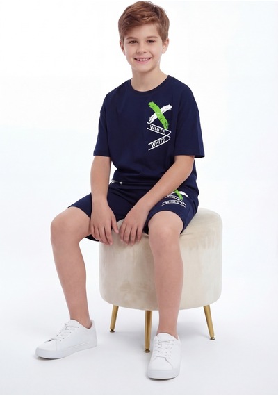 Panios Kids X White Baskı Detaylı Yuvarlak Yaka Yazlık Erkek Çocuk Alt Üst Takım Lacivert