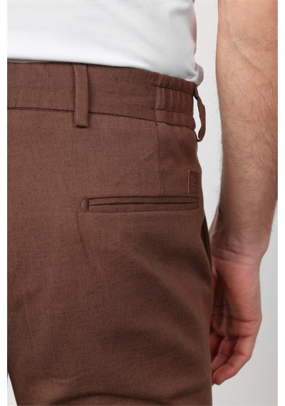 İmza Kahverengi Yan Cep Keten Slim Fit Keten Karışımlı Jogger Pantolon 1003260169
