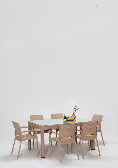 Rattan Large Lüx Camlı Cappucino Masa Takımı Bahçe&balkon 1 Camlı Masa + 6 Sandalye Diğer