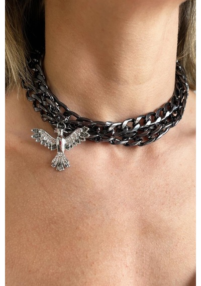 Gri Anka Detaylı Siyah Zincir Choker Kolye Krem