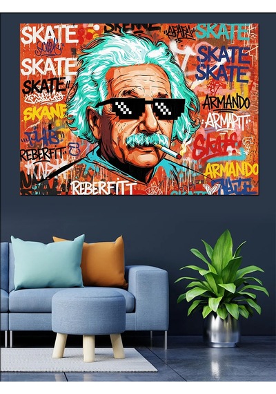 Ahşap Tablo Renkli Grafiti Tarzında Einstein Portresi
