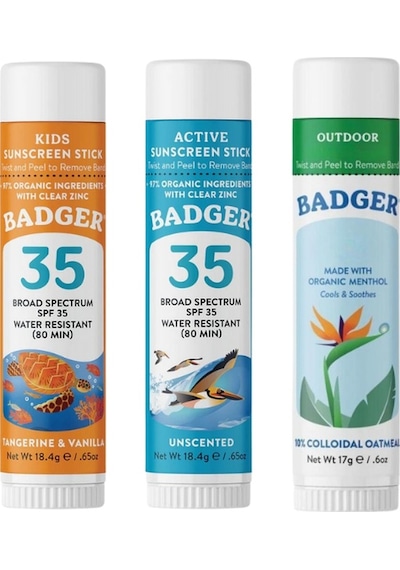 Badger Clear Zinc Mavi + Turuncu Çocuk Güneş Kremi Stick SPF35+ 2 x 18.4 G + Outdoor Cream Stick 17 G