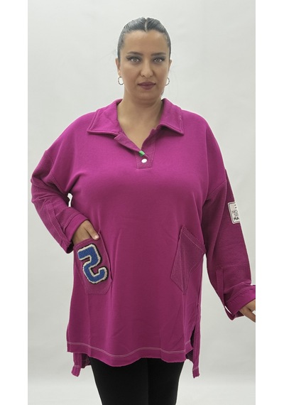 Büyük Beden Yakalı Cepli Sloganlı Uzun Kol Oversize Viskon Kadın Tunik Sweatshirt Pembe