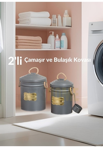 2'li Set Deterjan Kovası Çamaşır Bulaşık Kutusu Ölçekli Galvaniz Metal Antrasit Antrasit