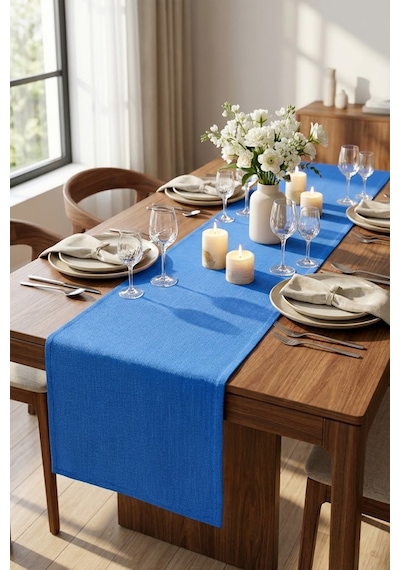 Dekoratif Bohem Runner - Yemek Masası Ve Salon Konsol Örtüsü 50x150 Cm Göl Mavisi