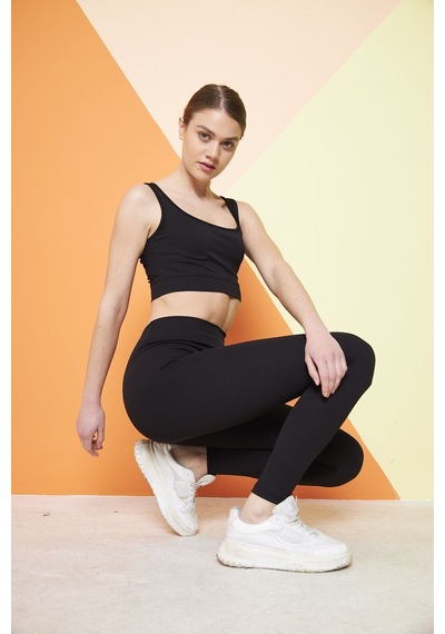 Thıff Gymwear Haki Yüksek Bel Fitilli Toparlayıcı Interlok Örme Spor Dar Paça Kadın Tayt Siyah