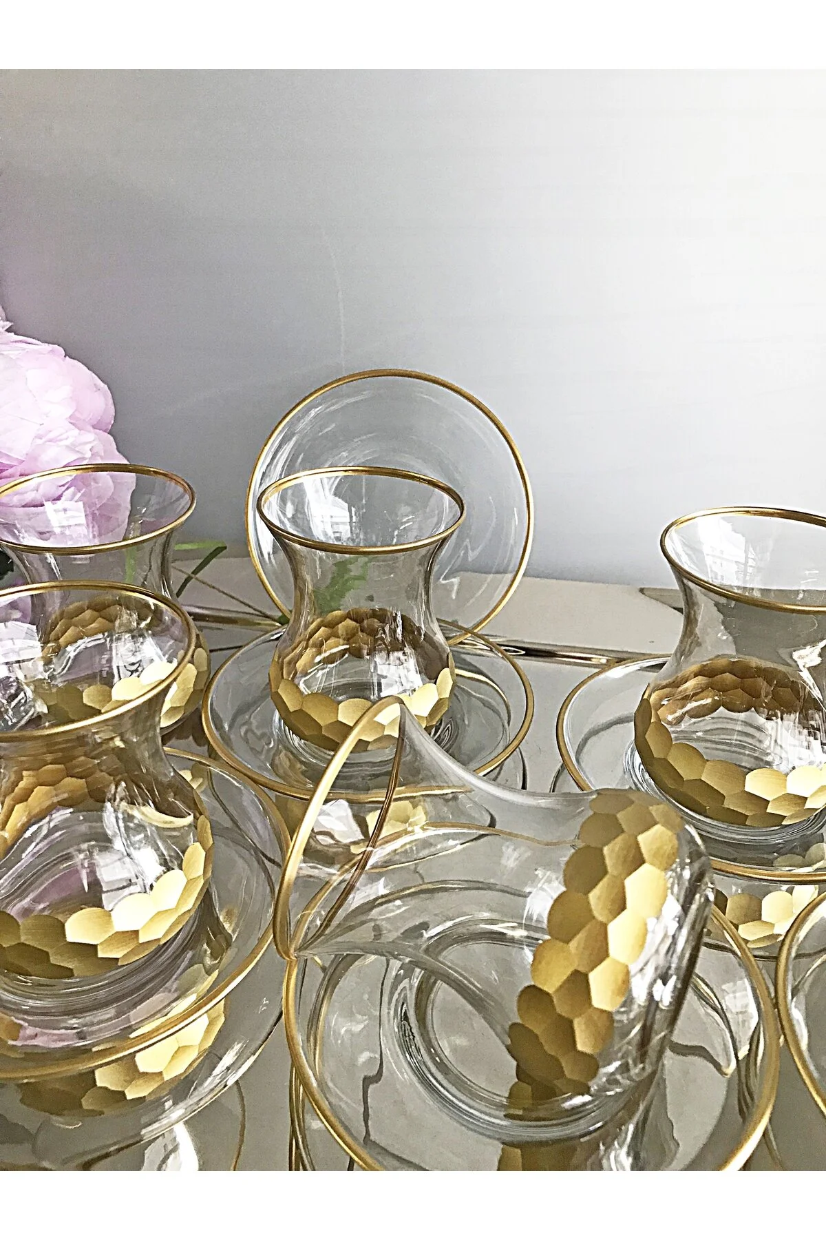 Petek Gold Aurora 12 Parça 6 Kişilik Çay Takımı - Altın Detaylı Lüks Sunum Seti Şeffaf