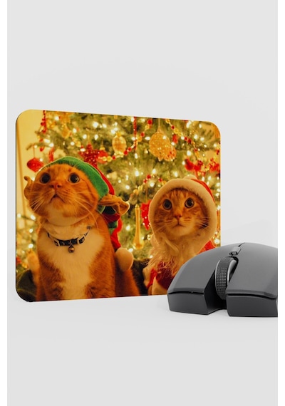 Yeni Yıl Kediler- Kedi- Yılbaşı V1 22x18 Gaming Kauçuk Kaymaz Taban Mouse Pad Fare Altlığı