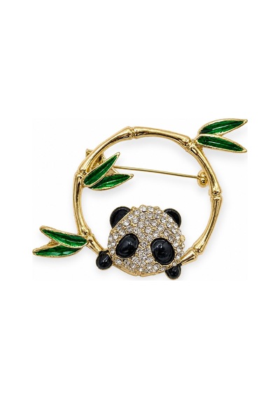 Sevimli Panda Ve Bambu Tasarımlı Kristal Taşlı Kadın Broşu Şık Hediye Açık Gri