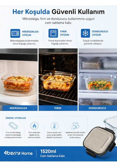 1520 Ml Kilitli Cam Saklama Kabı İnoks Kapaklı Yemek Ve Kahvaltılık Kabı Şeffaf