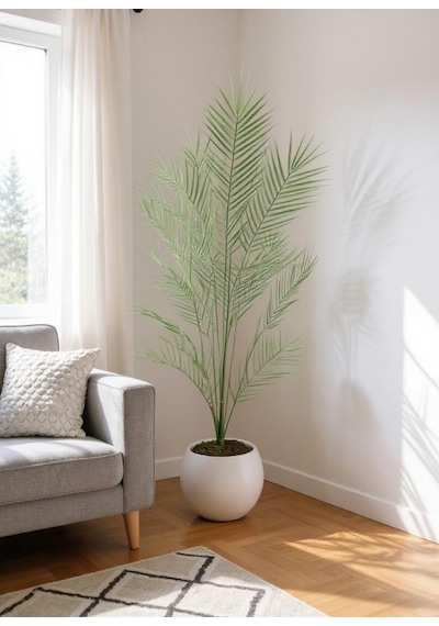 Yapay Ağaç 20 Yaprak Palmiye Ağacı Beyaz Küre Saksıda 130 60cm