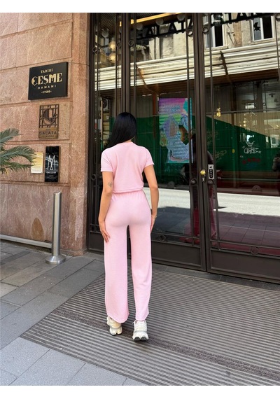 WeShaya Pembe Modal Keten Dokulu Bisiklet Yaka Takım Pembe
