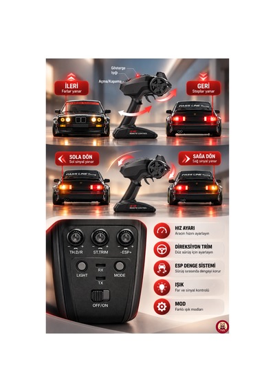 Oyuncak Uzaktan Kumandalı 50 Km/h Hızlı Drift Araba Esp Denge Sistemli 370 Motorlu Şarjlı Led Işıklı Rc Araba 27,5 Cm Siyah