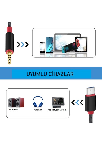 Type-c - 3.5mm Aux Ses Kablosu, Örgülü Kulaklık Kablosu, Mikrofon Destekli Araç Ve Telefon Ses Aktarım Kablosu, 1 Metre Siyah/kırmızı