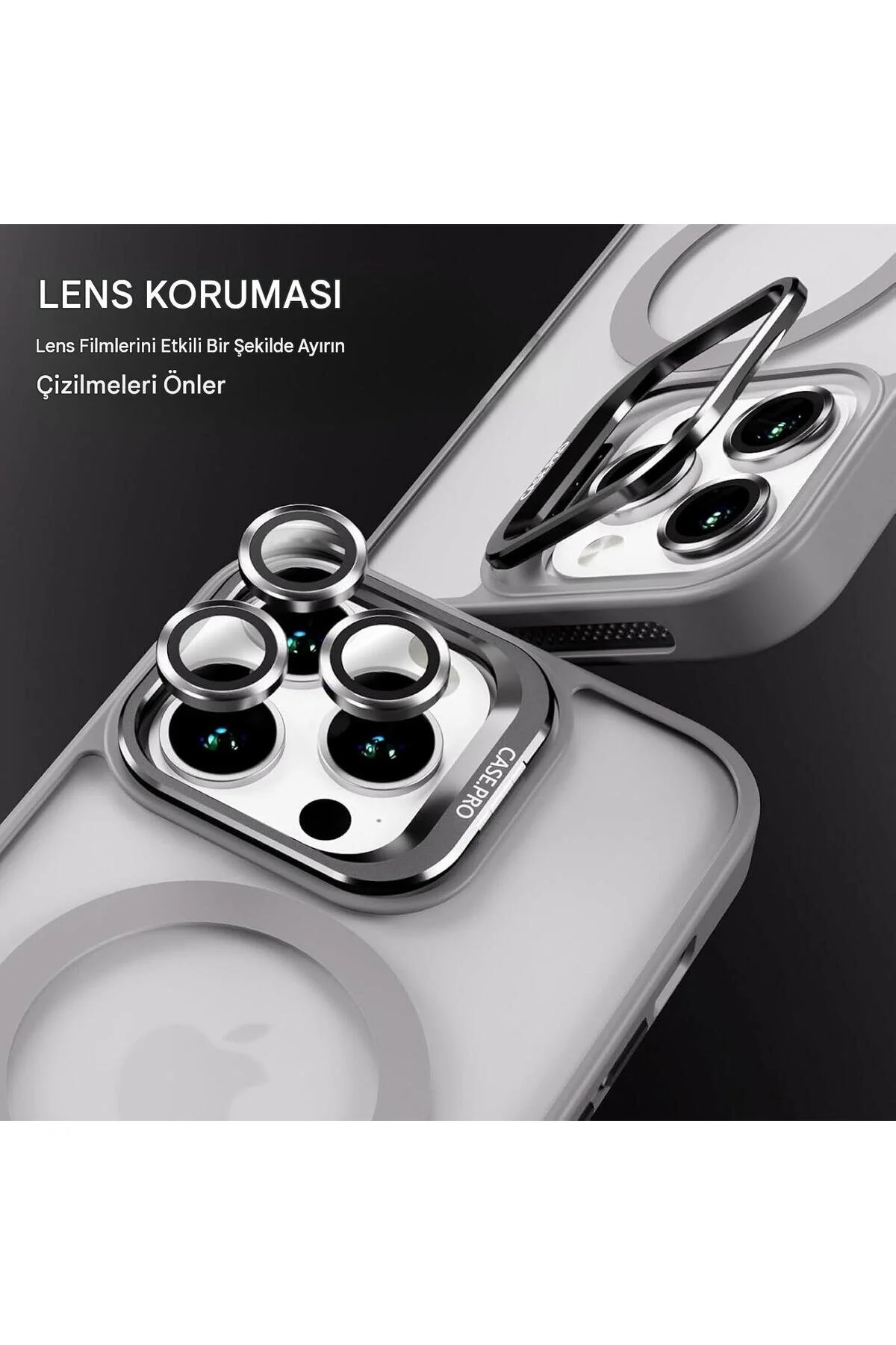 İphone 12 Uyumlu Magsafe Kılıf Mıknatıslı Standlı Darbeye Dayanıklı Mat Şeffaf Arka Kapak Lens li gri