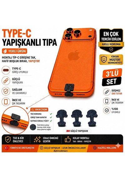 Type-c Yapışkanlı Toz Koruma Tıpası Yonca 3 Lü Set Şarj Girişi Koruyucu Premium