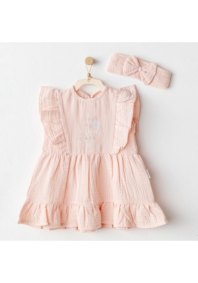Bebek Elbise Takım Dress Band Set Love Famıly Muslın Salmon