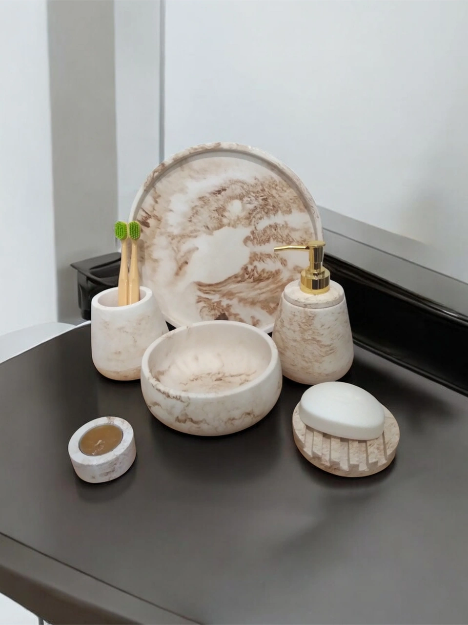 6'lı Mermer Desen Bej Beton Banyo Seti,sabunluk,diş Fırçalığı,tepsi,mumluk,havluluk, Aksesuar Bej