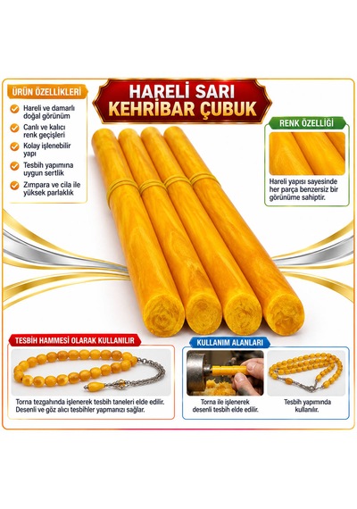 Hareli Galalith - Hareli Damarlı Kehribar Çubuk - Sarı Hareli